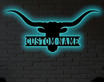 Personalized Longhorn Metal Wall Art: RGB LED Light, Texas Decor