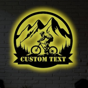Luz LED de bicicleta y montaña personalizada, decoración de pared de metal: regalo de ciclismo, letrero de aventura al aire libre, arte de ciclismo de montaña, decoración para amantes de la bicicleta.