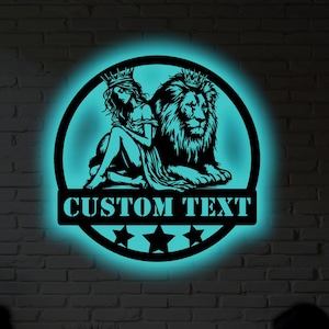 Personalized Woman and Lion Metal Wall Art with RGB LED Light