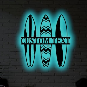 Personalized Surfboard Metal Sign with RGB LED - Custom Beach Decor