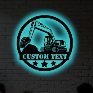 Personalized Excavator Metal Sign with LED Light – Custom Construction Decor for Kids’ Room, Garage, Workshop or Heavy Equipment Fans