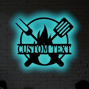 Personalized BBQ LED Metal Wall Decor – Custom Grill Master Name Sign with RGB Light, Outdoor Barbecue Gift, Rustic Backyard  Wall Art