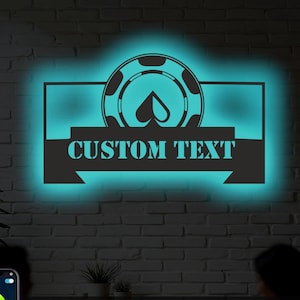 Décoration murale personnalisée en métal léger LED RVB Poker - Enseigne de casino personnalisée, cadeau pour joueur de cartes, décoration de salle de jeux, art mural nuit de poker