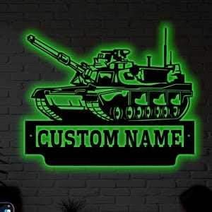 Personalized US Military Tank RGB LED Light Metal Wall Art - Custom Army Decor, Patriotic Veteran Gift, Led Combat Tank Wall Hanging