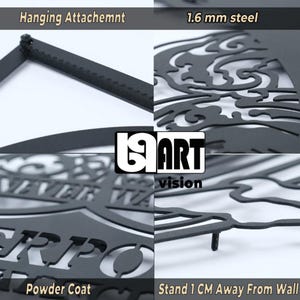 May include: Black metal wall art with a decorative design. Features include a hanging attachment, 1.6 mm steel construction, and powder coat finish. The art is designed to stand 1 cm away from the wall.