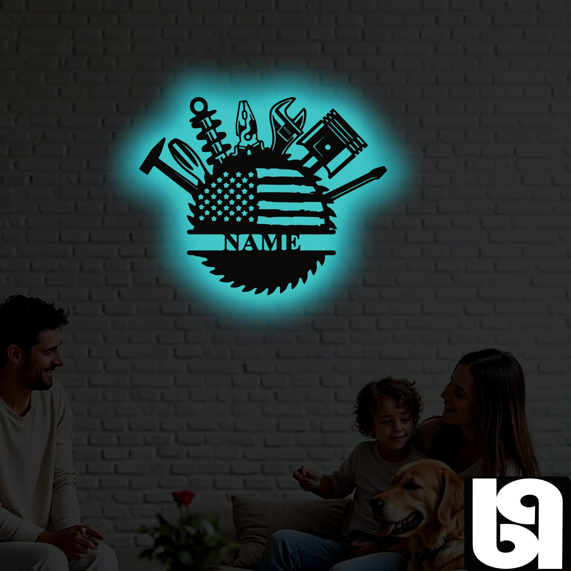ustom US Tool Garage Metal Wall Art – RGB LED Mechanic Sign