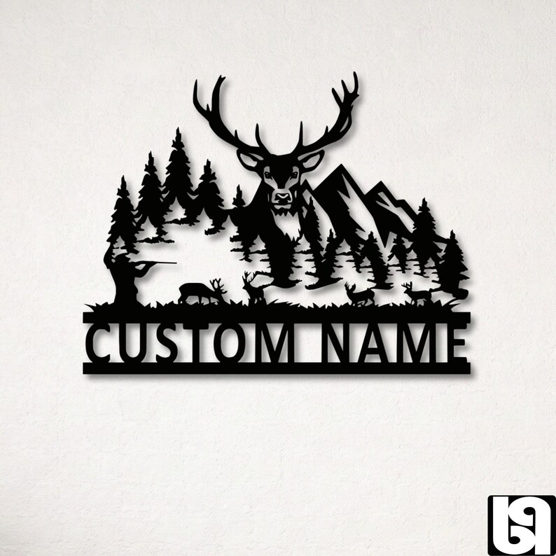 May include: Black metal wall art featuring a deer with large antlers, set against a forest and mountain backdrop. A hunter is depicted aiming a rifle. The text "CUSTOM NAME" is displayed below the scene.