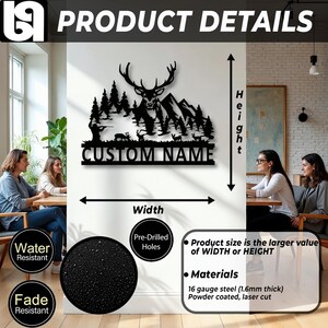 May include: Black metal wall art featuring a deer, trees, and mountains silhouette with the text "CUSTOM NAME". The product details include water and fade resistance, pre-drilled holes, and the material is 16 gauge steel.