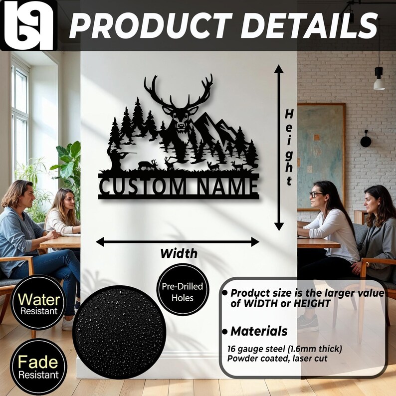 May include: Black metal wall art featuring a deer, trees, and mountains silhouette with the text "CUSTOM NAME". The product details include water and fade resistance, pre-drilled holes, and the material is 16 gauge steel.