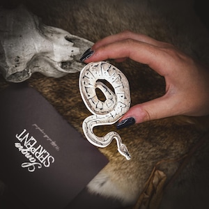 Könnte beinhalten: Eine detaillierte, silberfarbene Schlangenskulptur mit einem gemusterten Design. Die Schlange ist gewunden und hat einen detaillierten Kopf. Die Figur wird in einer Hand gehalten, mit dunklem Hintergrund und einer Karte mit der Aufschrift "Lango Serpent".