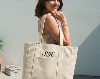Custom Beach Tote Bag Embroidered • Personalized Initials Embroidery • Monogram Beach Bag • Gift for Her • Everyday Canvas Travel Bag