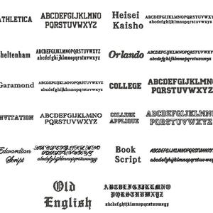 May include: A collection of various font styles displayed in black. The fonts include "Athletica", "Cheltenham", "Garamond", "Invitation", "Edwardian Script", "Old English", "Heisei", "Orlando", "College", and "Book Script". Each font is accompanied by the alphabet.