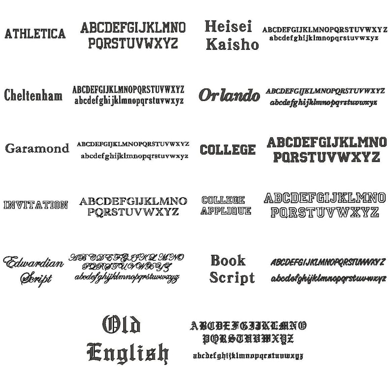 May include: A collection of various font styles displayed in black. The fonts include "Athletica", "Cheltenham", "Garamond", "Invitation", "Edwardian Script", "Old English", "Heisei", "Orlando", "College", and "Book Script". Each font is accompanied by the alphabet.