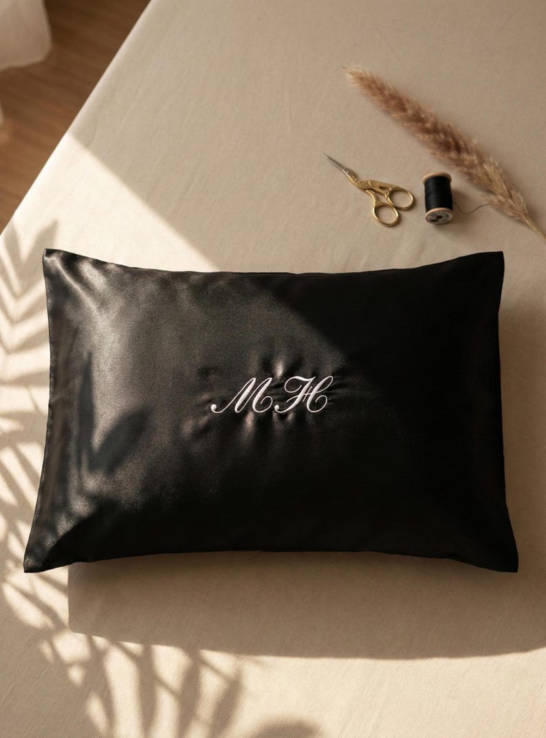 Personalized Satin Pillowcase with Embroidered Initials, Custom Monogram Pillow Cover, Custom Satin Pillow Case, Embroidered Pillow Case image 4