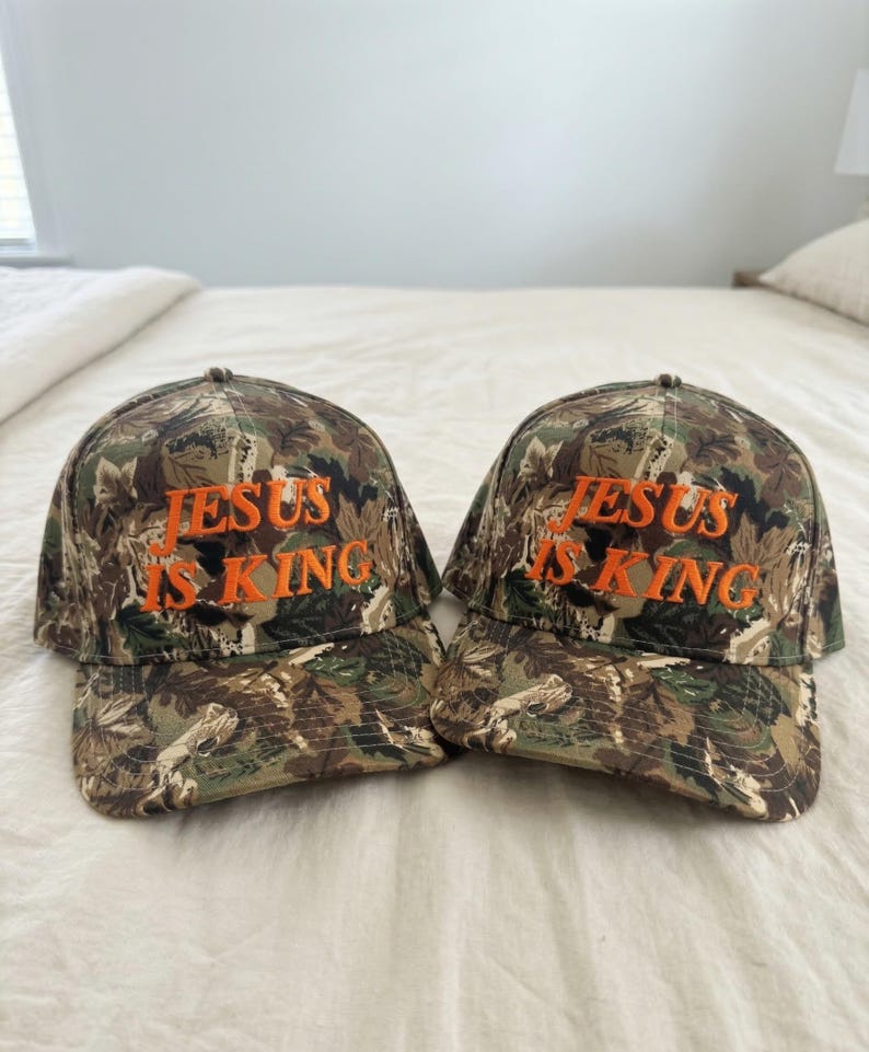 Jesus Is King Camo Hat, Christian Hat, Faith-Based Christian Hat, Jesus hat, Inspirational Religious Trucker Hat, Church Hat image 2