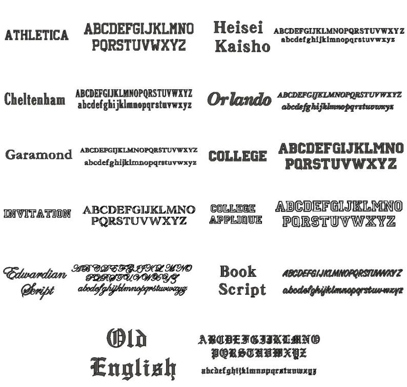 May include: A collection of various font styles displayed in black text. The fonts include serif, sans-serif, and script styles, with examples of uppercase and lowercase letters. The fonts are labeled with names like 'Athletica', 'Cheltenham', and 'Edwardian Script'.