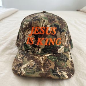 Jesus Is King Camo Hat, Christian Hat, Faith-Based Christian Hat, Jesus hat, Inspirational Religious Trucker Hat, Church Hat image 1
