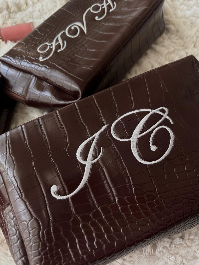 Custom Travel Bag Embroidered, Croc Vegan Makeup Bag, Personalized Cosmetic Bag, Custom Toiletry Bag, Gift for Her, Embroidered Travel Bag image 4