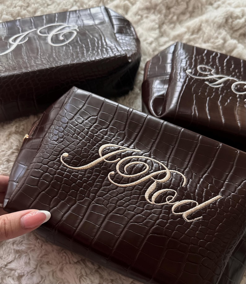 Custom Travel Bag Embroidered, Croc Vegan Makeup Bag, Personalized Cosmetic Bag, Custom Toiletry Bag, Gift for Her, Embroidered Travel Bag image 2