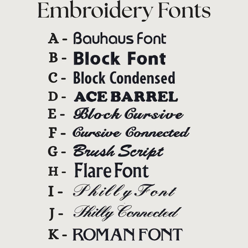 Puede incluir: Muestra de fuentes de bordado, incluyendo Bauhaus, Block y Cursive, sobre un fondo claro. La imagen presenta diversos estilos de letras para proyectos de bordado, con texto oscuro.