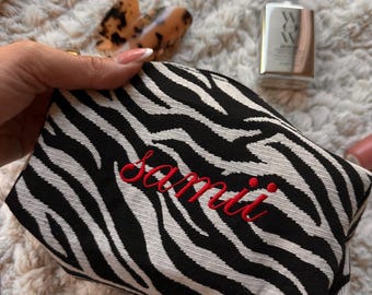 Custom Zebra Makeup Bag Embroidered - Personalized Initials Embroidered Travel Bag, Animal Print Bag, Zebra Bag