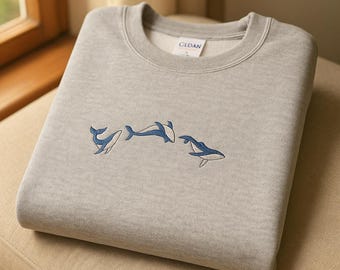 Whale Embroidered Sweatshirt, Whale Sweater, Whale Lover Gift, Ocean Lover Gift, Whale Embroidery Crewneck, Coastal Aesthetic Sweater