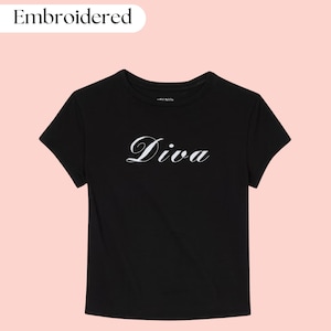 Diva Embroidered Baby Tee, Custom Embroidered Baby Tee, Funny Embroidered Crop Top, Y2K Baby Tee
