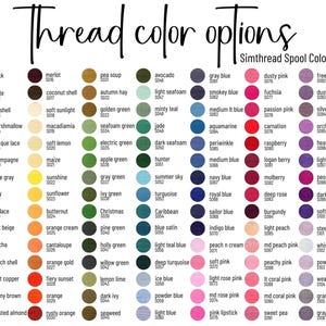 Pu&ograve; includere: Una tabella di 100 colori diversi di filo da ricamo, organizzati per famiglia di colori. La tabella include una variet&agrave; di tonalit&agrave; di rosso, rosa, blu, verde, giallo, arancione, marrone, grigio e viola. La tabella &egrave; etichettata "Simthread Spool Colors".