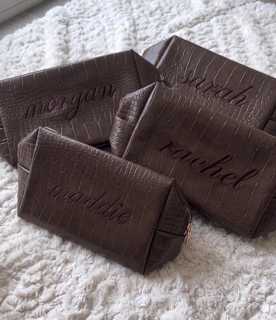Croc Makeup Bag Embroidered, Personalized Faux Leather Cosmetic Pouch, Custom Initials Wash Bag, Bridesmaid Gift, Vegan Crocodile Travel Bag