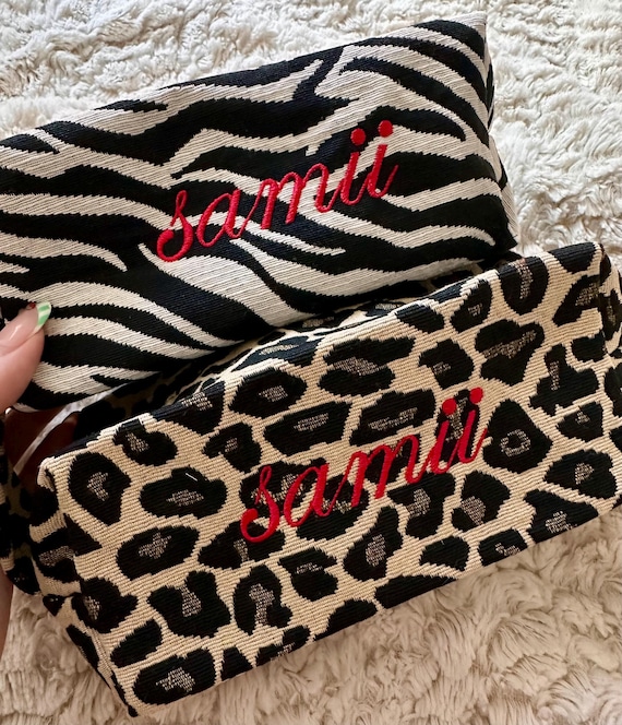 Custom Cheetah Makeup Bag Embroidered - Personalized Initials Embroidered Travel Bag, Animal Print Bag, Leopard Bag
