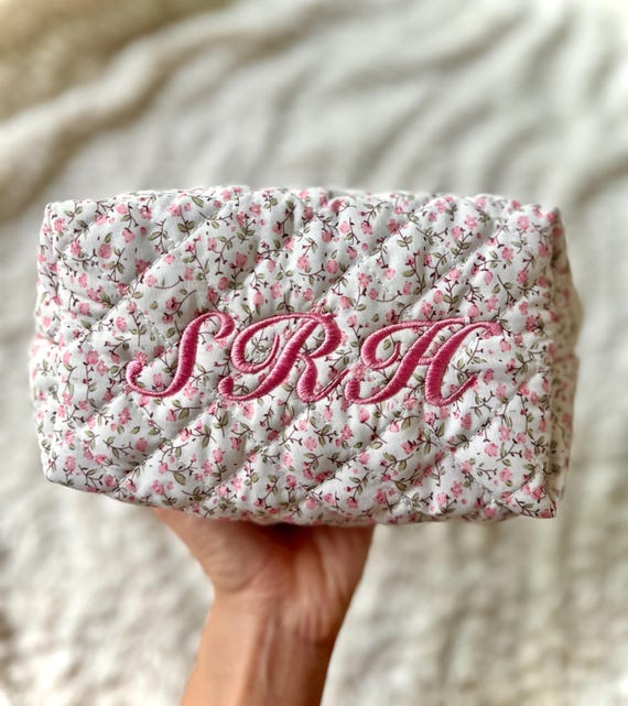 Floral Personalized Makeup Bag • Personalized Striped Cosmetic Bag • Custom Embroidered Travel Bag • Gift for Her • Toiletry Organizer