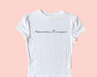 American Teenager Embroidered Baby Tee, Custom Embroidered Baby Tee, Funny Embroidered Crop Top, Y2K Baby Tee, Concert Baby Tee