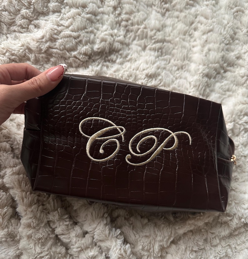 Custom Travel Bag Embroidered, Croc Vegan Makeup Bag, Personalized Cosmetic Bag, Custom Toiletry Bag, Gift for Her, Embroidered Travel Bag image 3