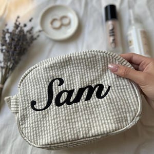 Custom Travel Bag Embroidered, Striped Makeup Bag, Personalized Cosmetic Bag, Custom Toiletry Bag, Gift for Her, Embroidered Travel Bag image 3