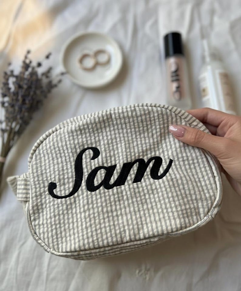 Custom Travel Bag Embroidered, Striped Makeup Bag, Personalized Cosmetic Bag, Custom Toiletry Bag, Gift for Her, Embroidered Travel Bag image 3