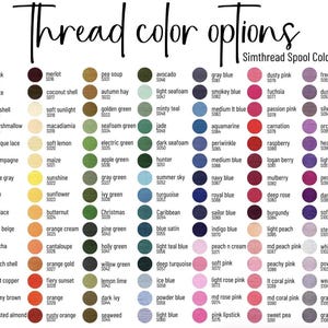 Pu&ograve; includere: Una tabella colori intitolata Thread color options Simthread Spool Colors che presenta una griglia di campioni circolari in varie tonalit&agrave;. Ogni campione &egrave; etichettato con un nome di colore e un codice corrispondente, come black S001, white S002.