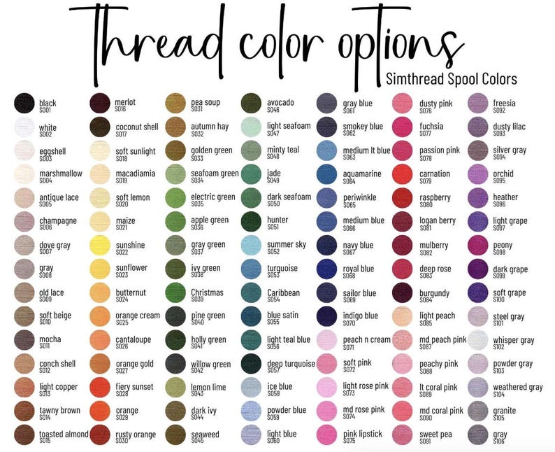 Pu&ograve; includere: Una tabella colori intitolata Thread color options Simthread Spool Colors che presenta una griglia di campioni circolari in varie tonalit&agrave;. Ogni campione &egrave; etichettato con un nome di colore e un codice corrispondente, come black S001, white S002.