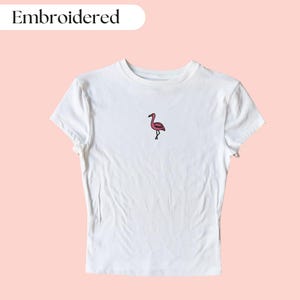 Flamingo Baby Tee Embroidered, Flamingo Shirt, Bird Baby Tee, Bird Shirt, Pink Flamingo Shirt, Beach Shirt, Summer Shirt, Vacation Shirt
