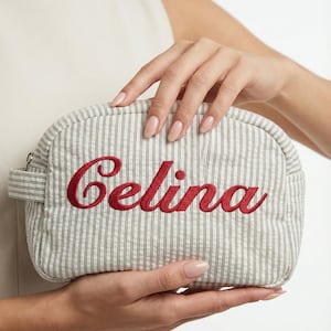 Custom Travel Bag Embroidered, Striped Makeup Bag, Personalized Cosmetic Bag, Custom Toiletry Bag, Gift for Her, Embroidered Travel Bag image 1