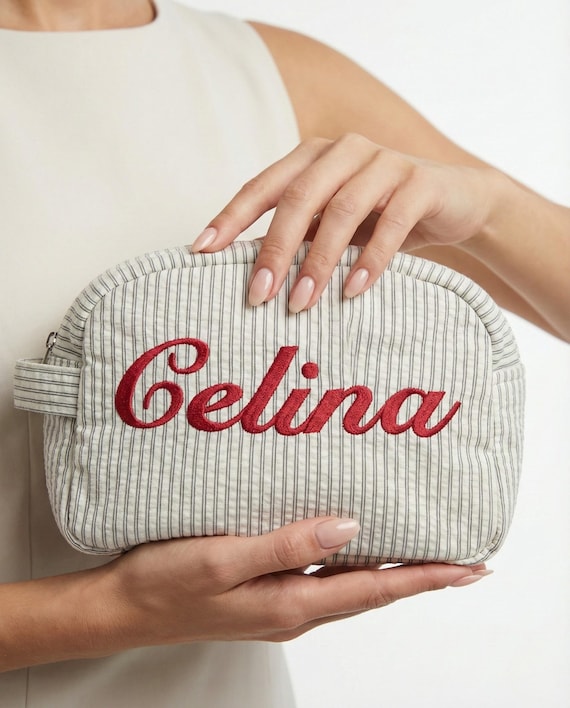 Custom Travel Bag Embroidered, Striped Makeup Bag, Personalized Cosmetic Bag, Custom Toiletry Bag, Gift for Her, Embroidered Travel Bag
