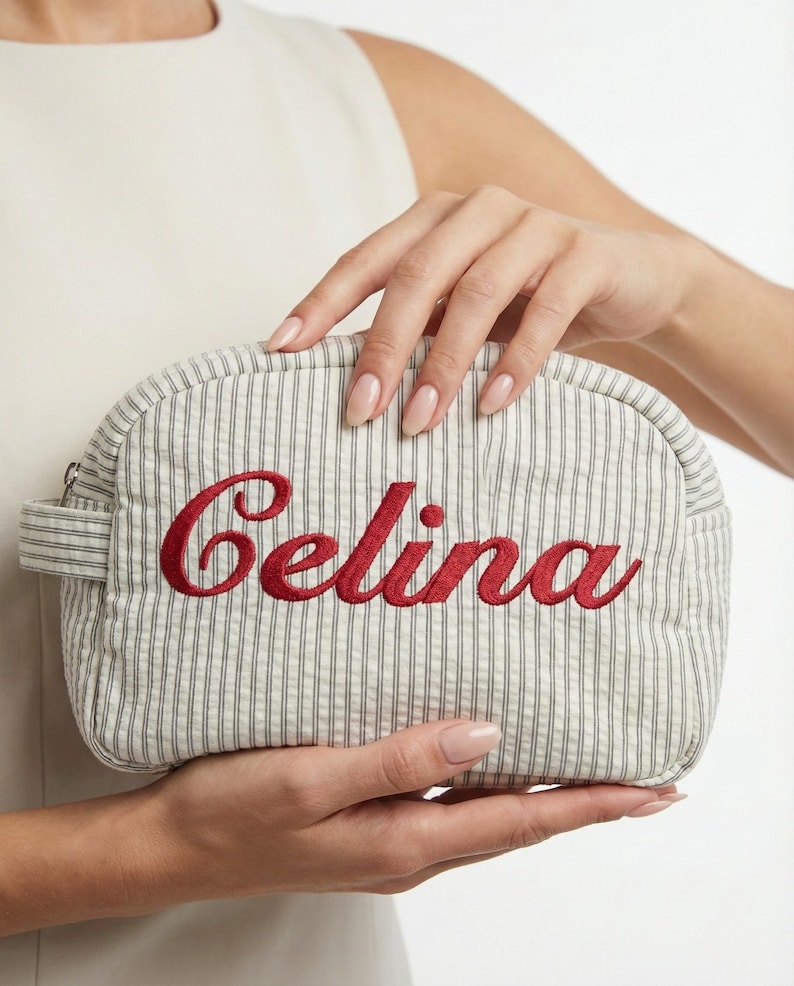 Custom Travel Bag Embroidered, Striped Makeup Bag, Personalized Cosmetic Bag, Custom Toiletry Bag, Gift for Her, Embroidered Travel Bag image 1