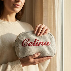 Custom Travel Bag Embroidered, Striped Makeup Bag, Personalized Cosmetic Bag, Custom Toiletry Bag, Gift for Her, Embroidered Travel Bag image 4