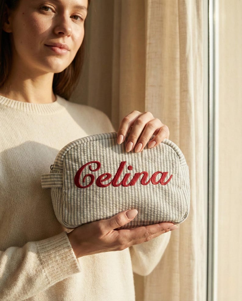 Custom Travel Bag Embroidered, Striped Makeup Bag, Personalized Cosmetic Bag, Custom Toiletry Bag, Gift for Her, Embroidered Travel Bag image 4