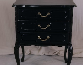 Small side table with 3 drawers - narrow antique solid wood chest of drawers - vintage chest of drawers - small and solid black chest of drawers