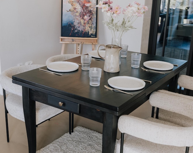 Vintage extendable dining table made of solid cherry wood - large table for 6-8 people - solid wood dining table antique xxl dining table black