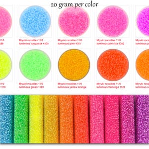 May include: Assortment of 20 gram bags of Miyuki rocailles 11/0 seed beads in various luminous colours, including pink, turquoise, green, yellow, orange, and purple.