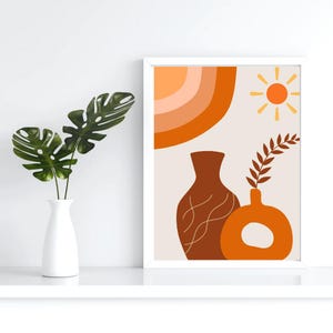 Póster de jarrones bohemios, póster minimalista de sol y jarrones, póster de jarrones en tonos naturales, póster minimalista en tonos tierra