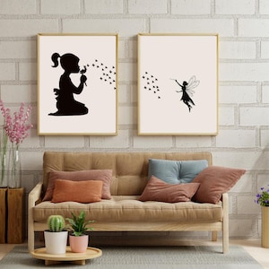 Póster de hada y niña, decoración de pared "Momentos mágicos", "Alas de la imaginación", pósteres minimalistas de hadas, arte de pared para habitación infantil