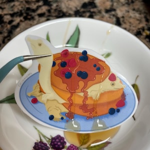 May include: A sticker depicting a stack of pancakes with syrup, blueberries, and raspberries. The sticker is on a blue plate, and the plate is inside a decorative bowl with a floral design. The sticker has the text "Gelicarees".