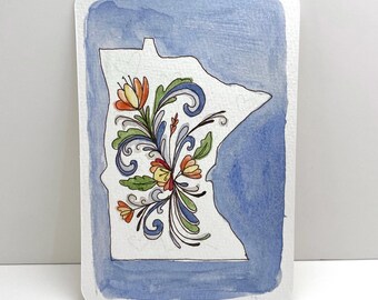 Cartolina dipinta a mano Minnesota Rosemaling acquerello